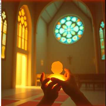 Cover art for Child In Your Arms: two hands holding a glowing figure of a child inside a sunlit church with a stained-glass rose window