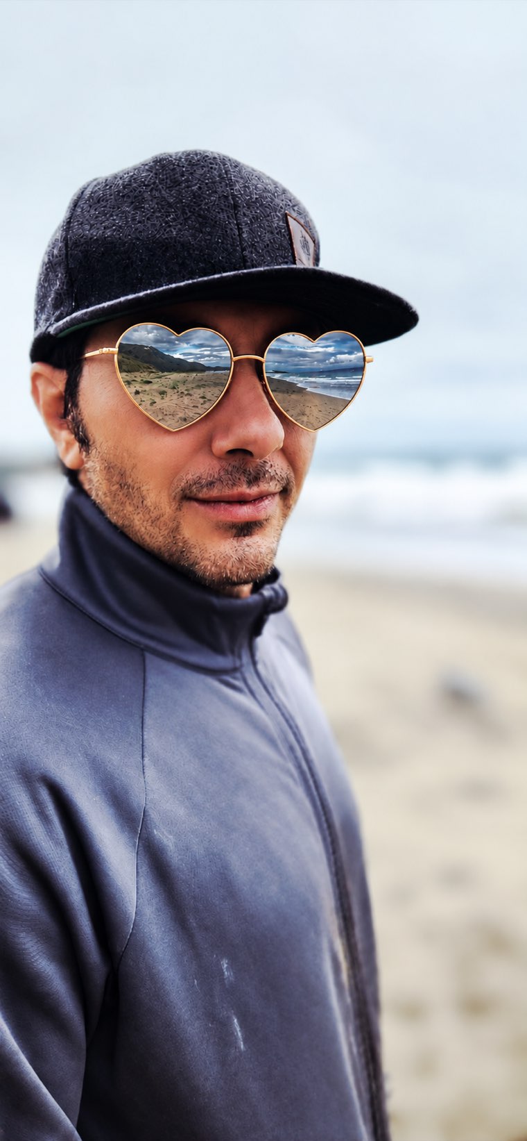 Elijah, founder of Logos & Telos, on the beach in a cap and heart-shaped sunglasses