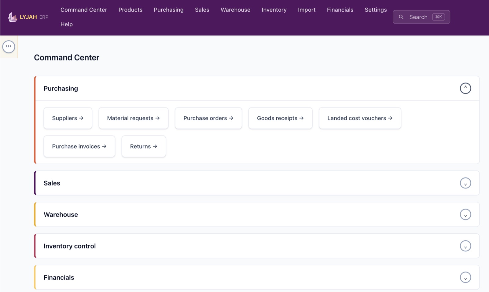 The LYJAH ERP Command Center with Purchasing open, showing Suppliers, Material requests, Purchase orders, Goods receipts, Landed cost vouchers, Purchase invoices, and Returns