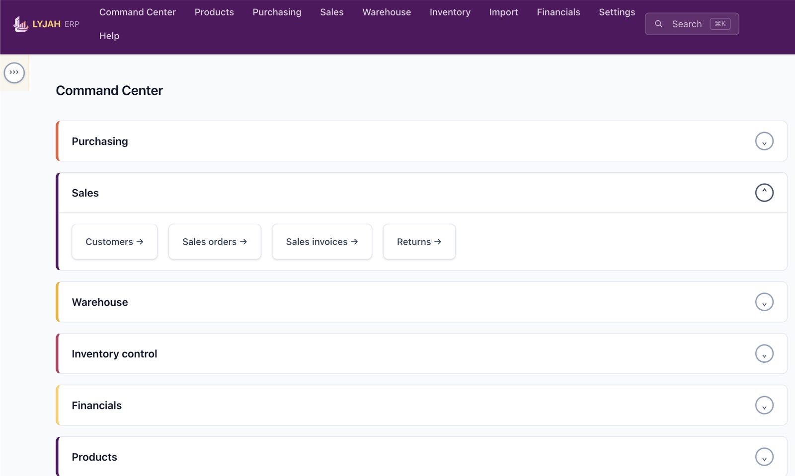 The LYJAH ERP Command Center with Sales open, showing Customers, Sales orders, Sales invoices, and Returns