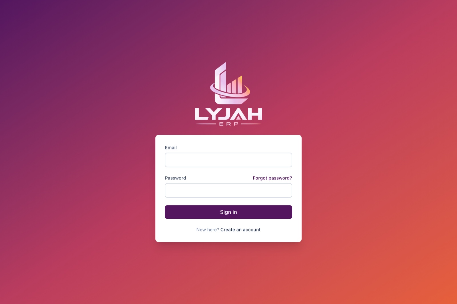 The LYJAH ERP sign-in screen, with the LYJAH logo over a purple-to-orange gradient