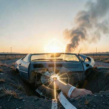Cover art for Paper Bracelet: a wrecked car at sunrise, a hand wearing a hospital bracelet reaching from the shattered windshield