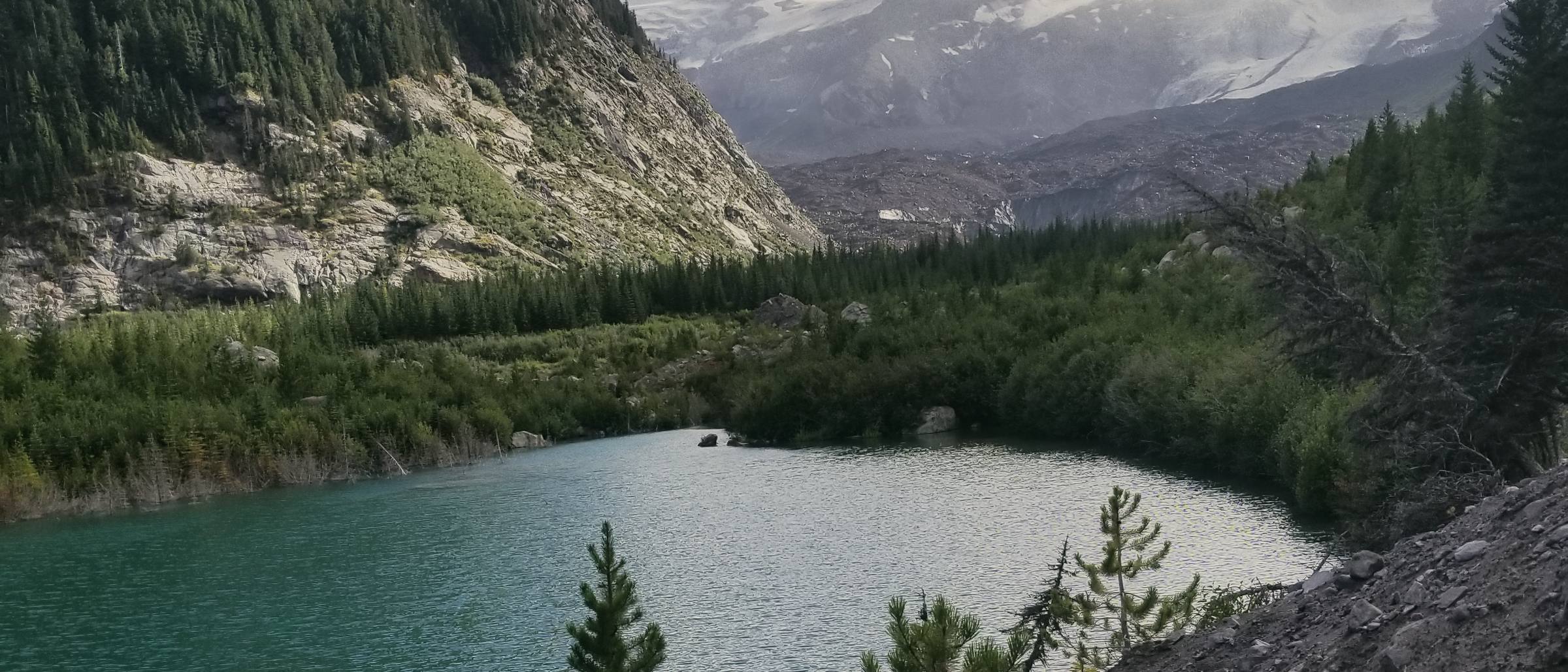 A green alpine lake under a mountainside, clouds over distant peaks