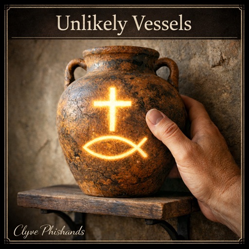 Cover art for Unlikely Vessels: a weathered clay jar with a glowing cross and fish symbol, held by a hand on a wooden shelf