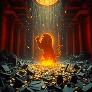 Cover art for He Made a Whip of Cords: a fiery lion silhouette rising over overturned tables and scattered gold coins in a red-lit temple